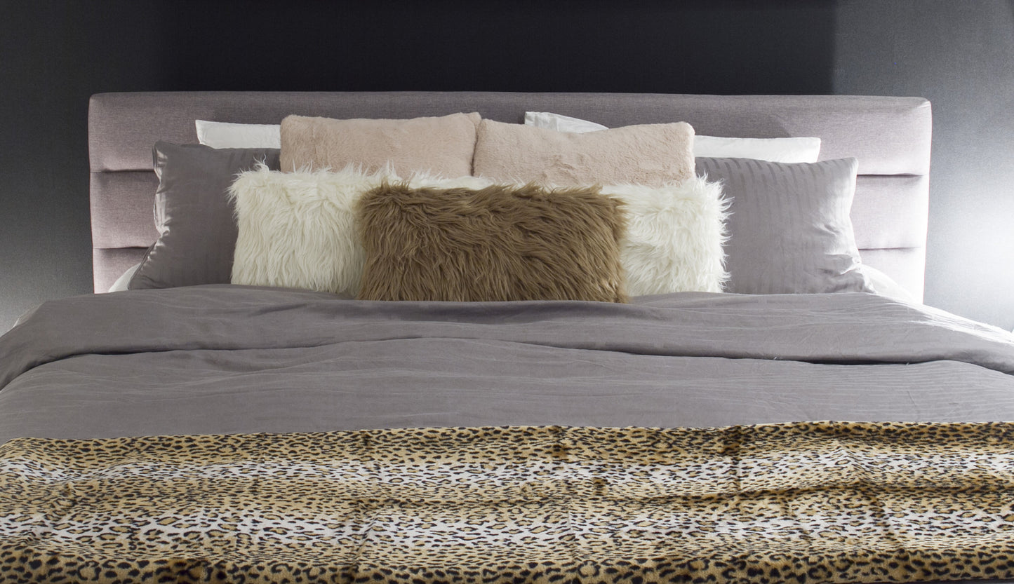 50" X 70" Ivory Black and Brown Faux Fur Animal Print Plush Throw Blanket with Embroidery