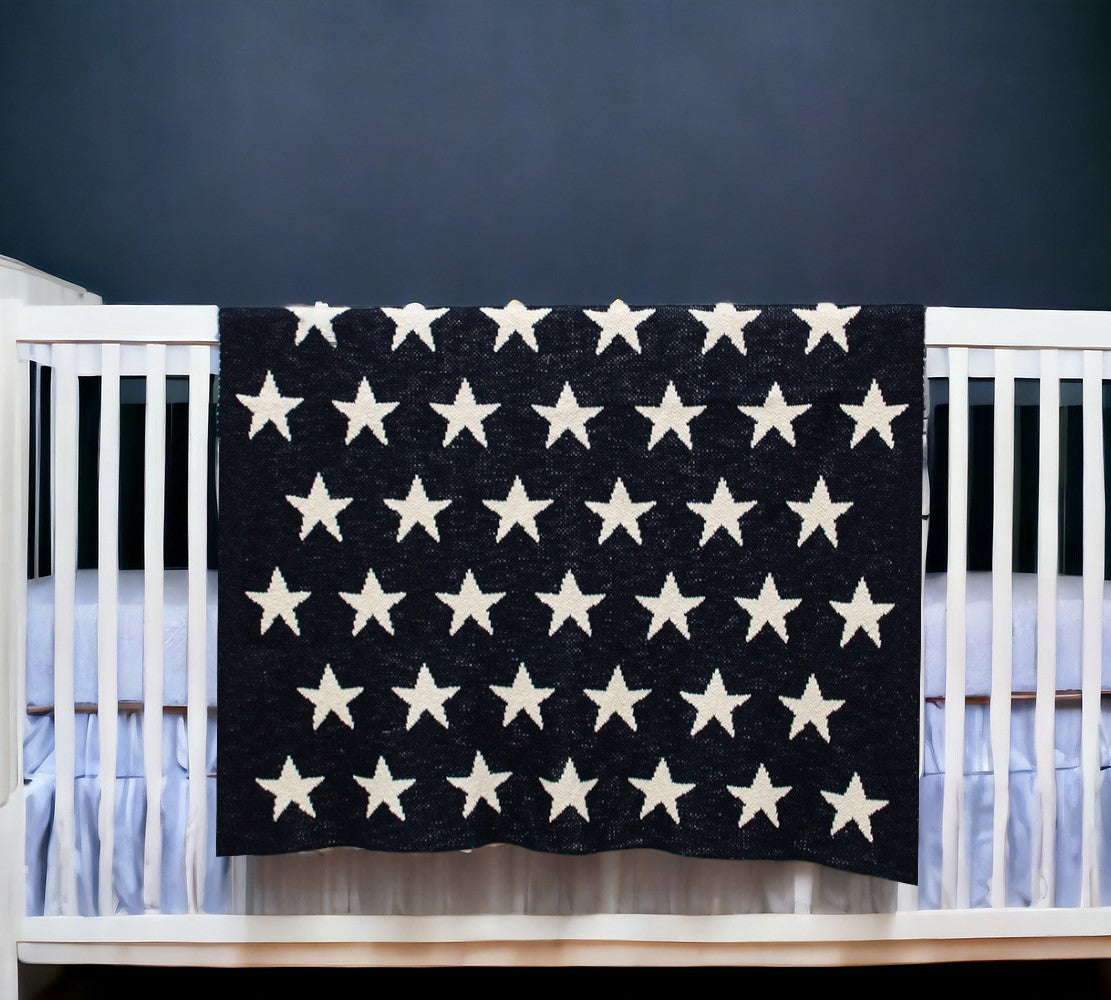 Navy Blue And White Stars Knitted Baby Blanket