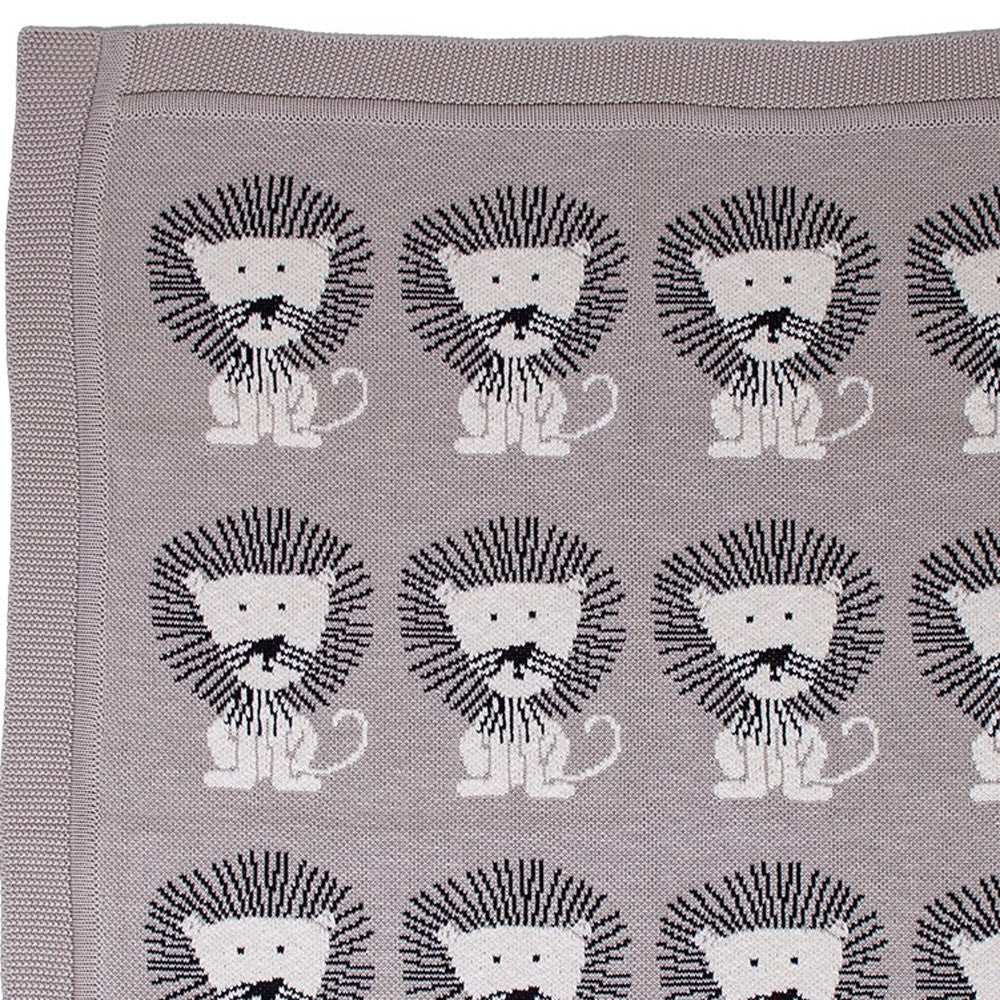 Grey Lots Of Lions Woven Knitted Baby Blanket