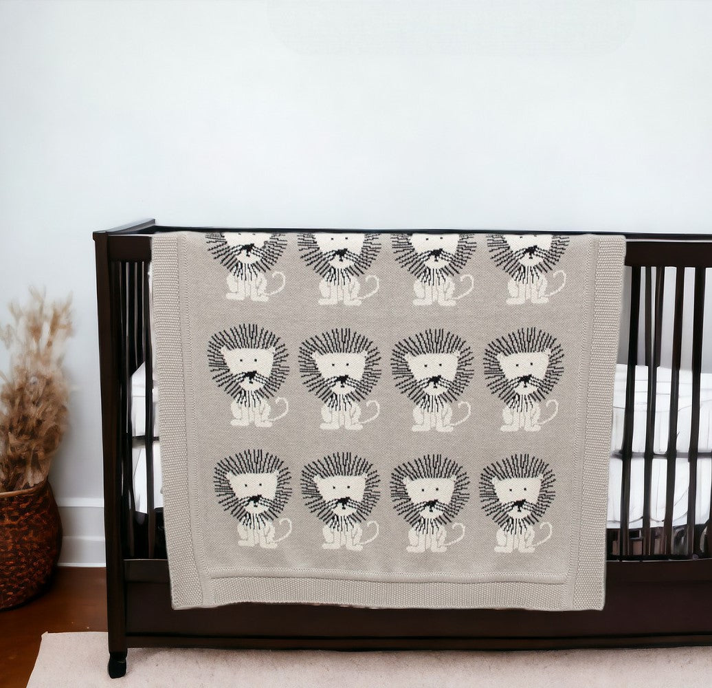 Grey Lots Of Lions Woven Knitted Baby Blanket