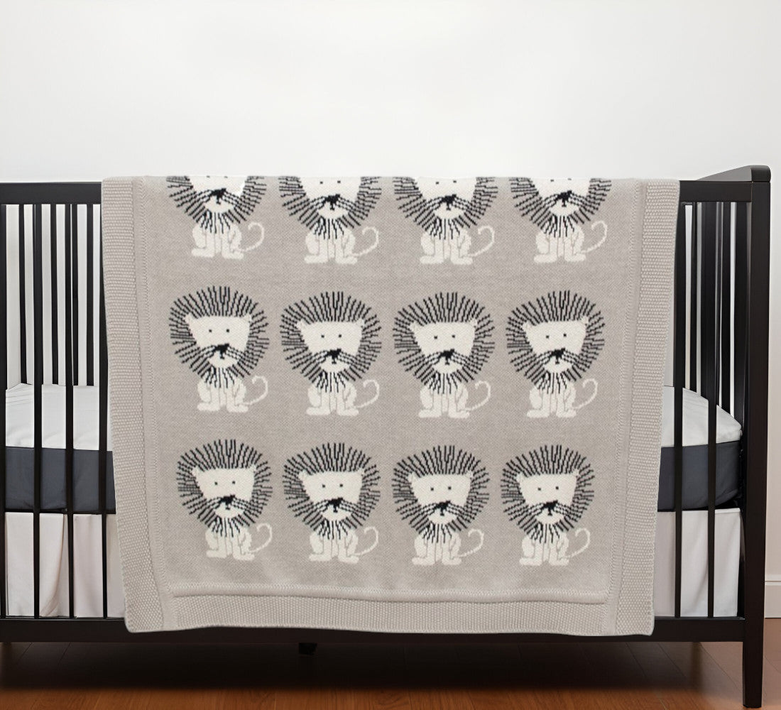 Grey Lots Of Lions Woven Knitted Baby Blanket