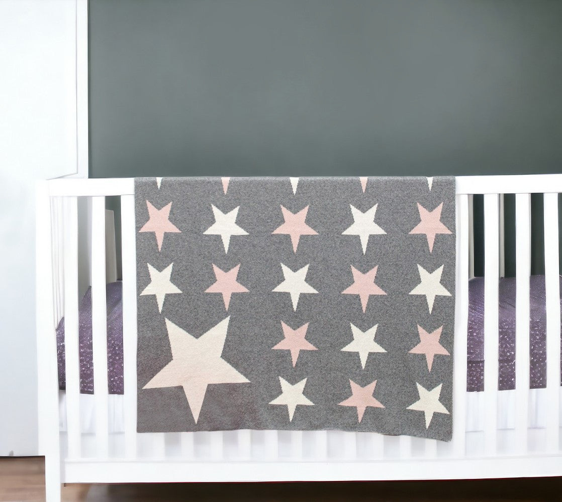 Grey Ivory And Pink Stars Knitted Baby Blanket