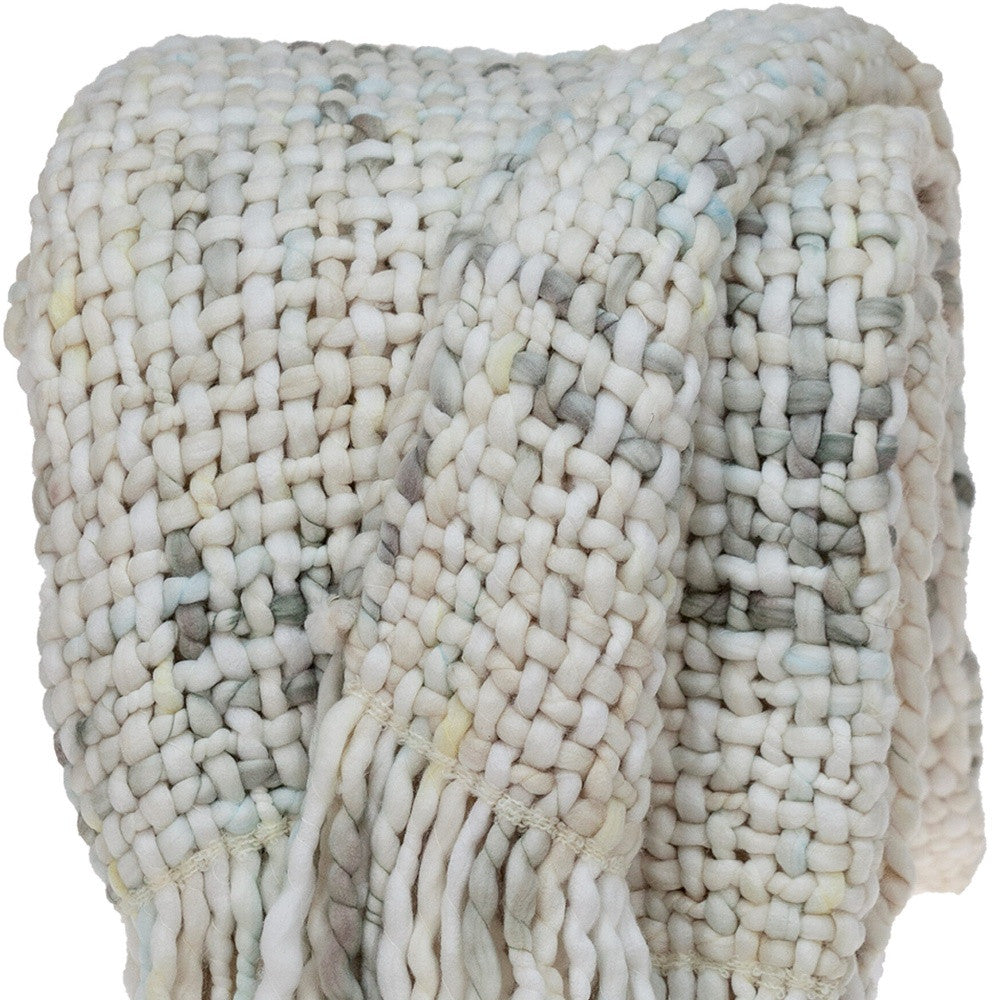 50" X 60" White and Natural Basketweave Acrylic Plush Throw Blanket with Tassels