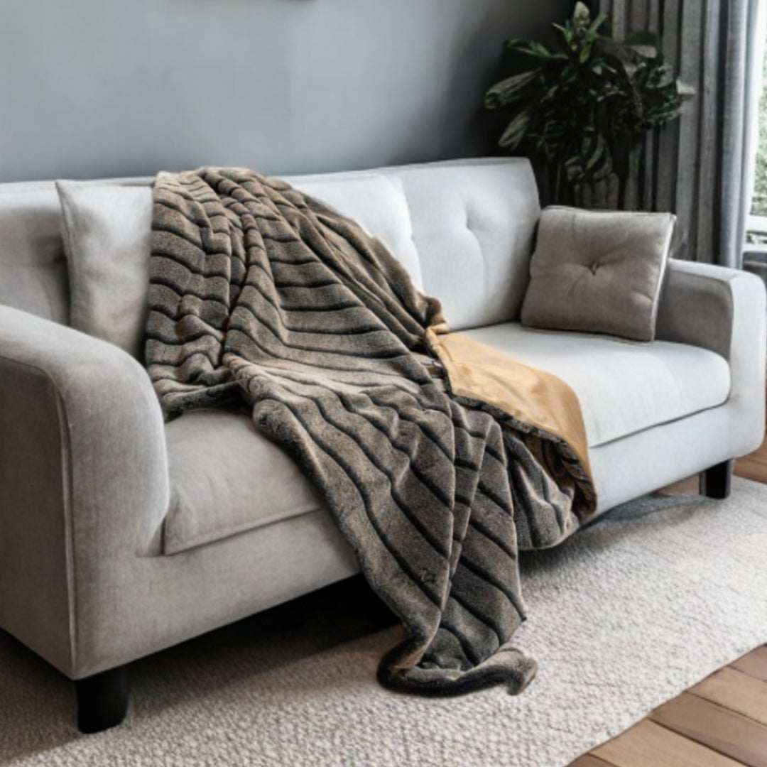 Gray Faux Fur Striped Plush Throw