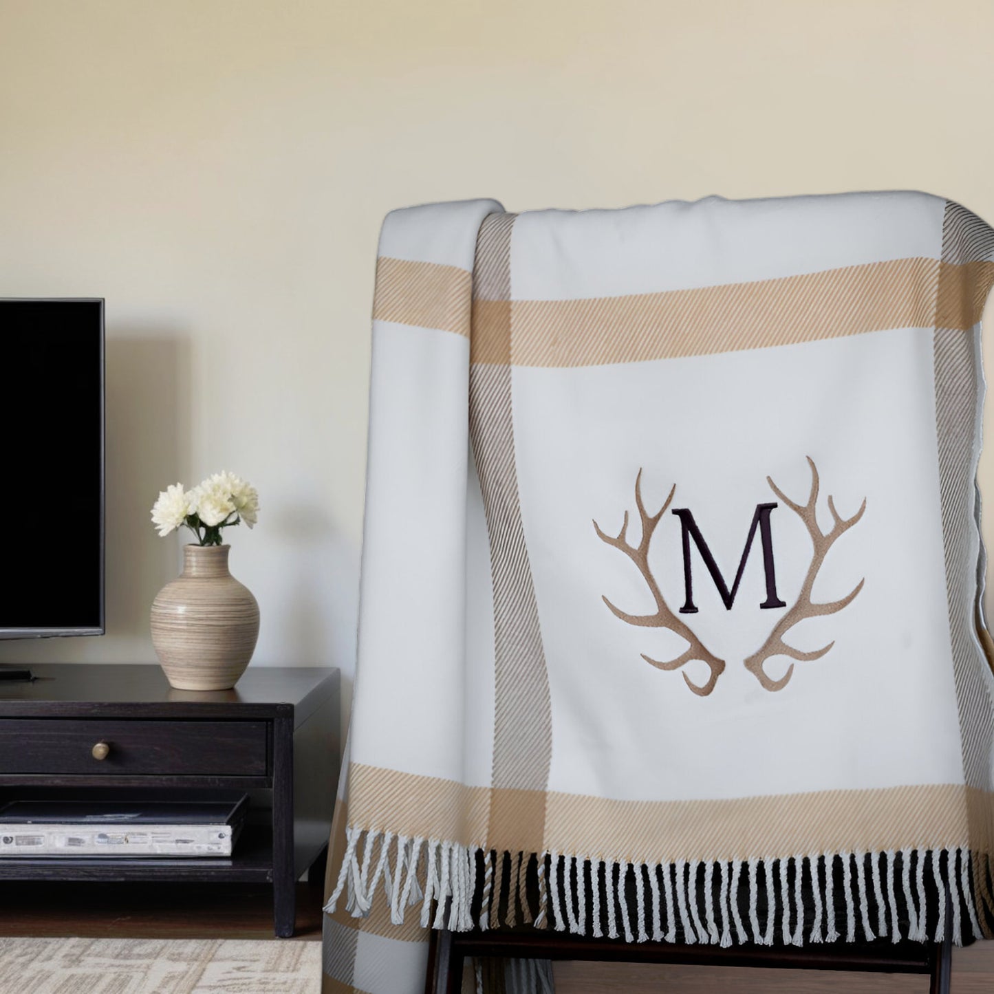 Plush Multi Beige Plaid Throw Blanket with Tassels