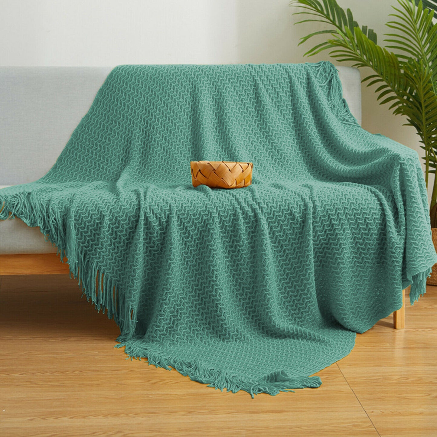 Green Knitted Acrylic Gingham Reversable Twin Blanket