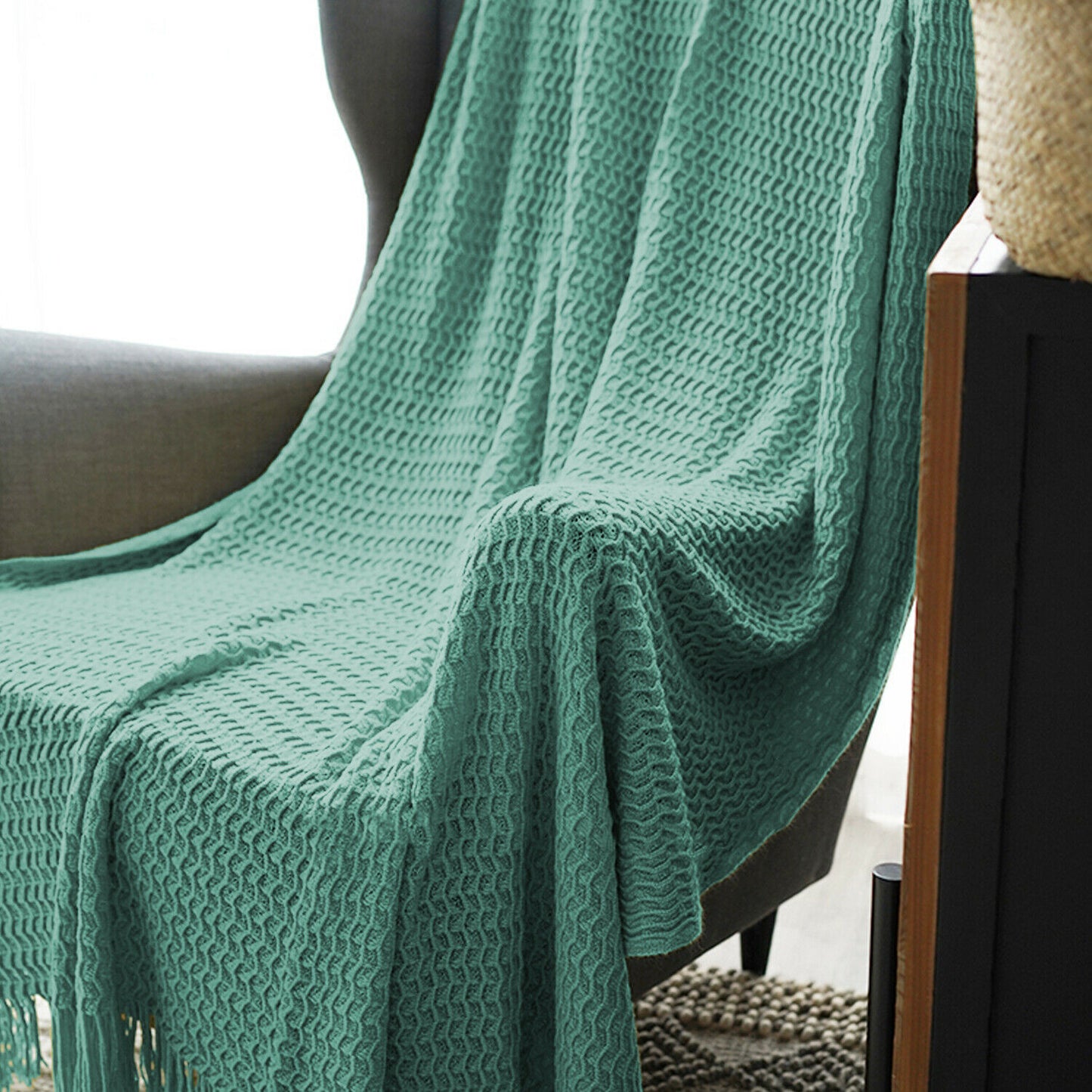 Green Knitted Acrylic Gingham Reversable Twin Blanket