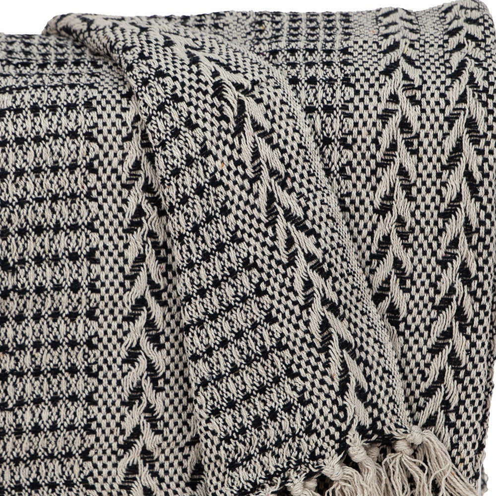 Black and Beige Herringbone Woven Throw Blanket