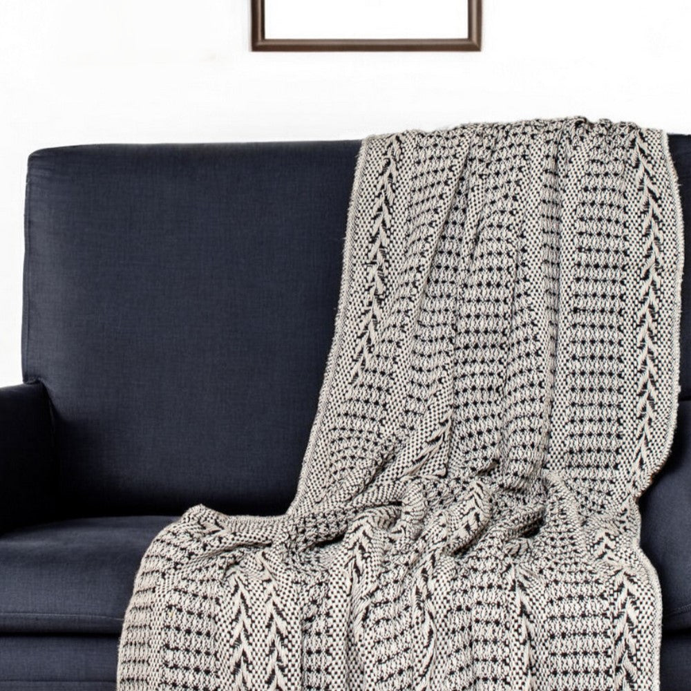 Black and Beige Herringbone Woven Throw Blanket