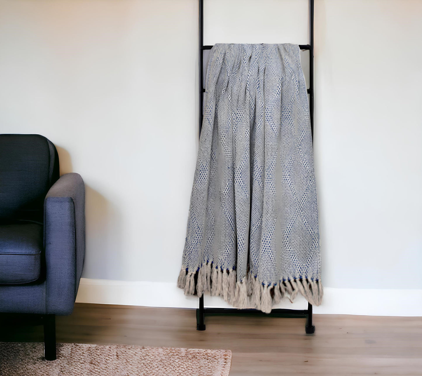 Blue and Beige Woven Handloom Throw with Tassels