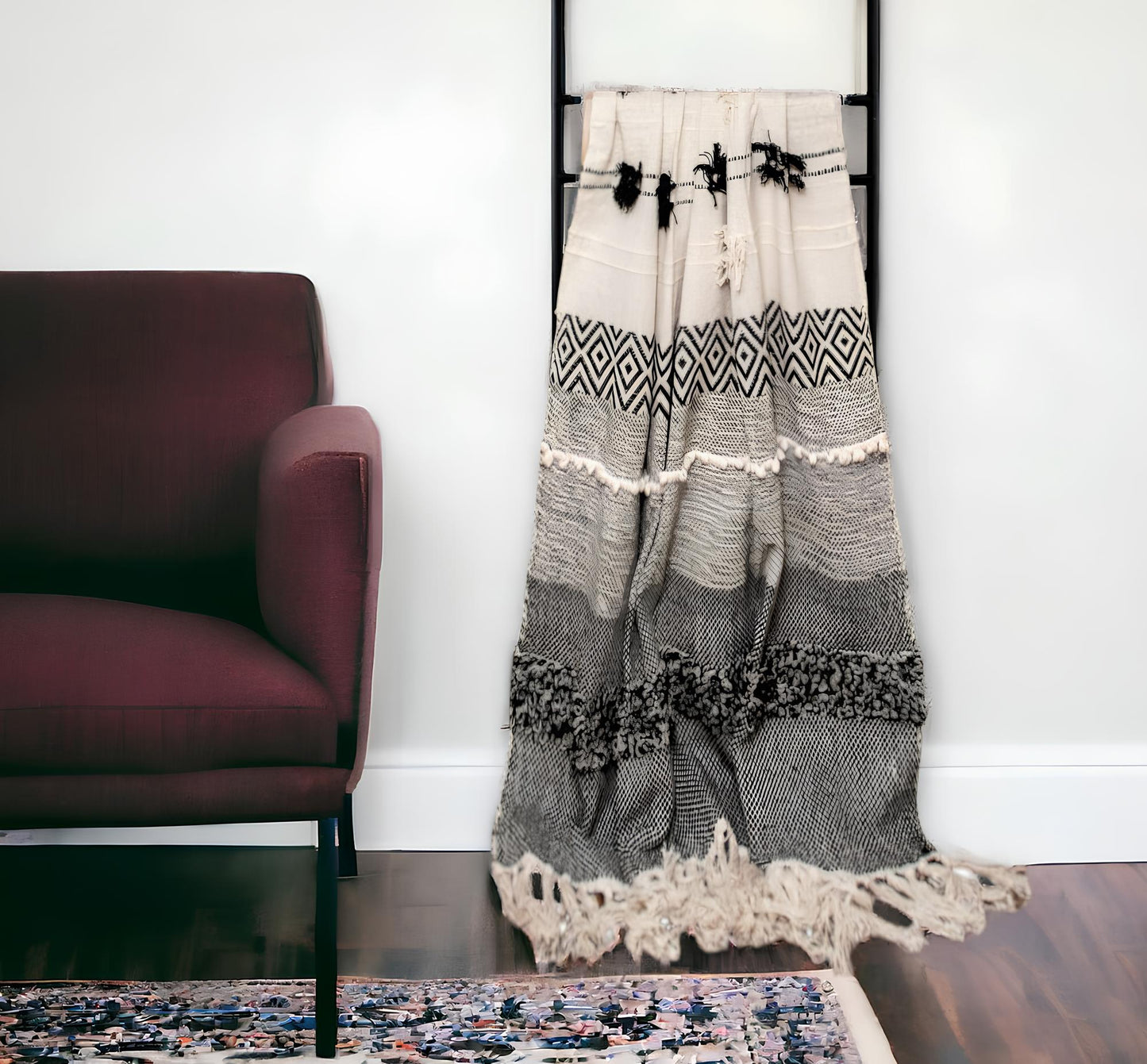 Boho Beige and Black Handloom Weave Throw with Decorative Tassels