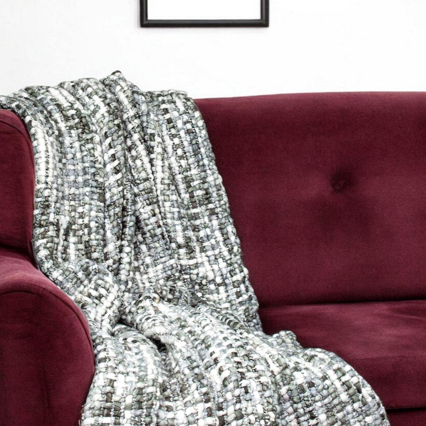 Green and White Knitted Cotton Blend Abstract Throw Blanket with Fringe