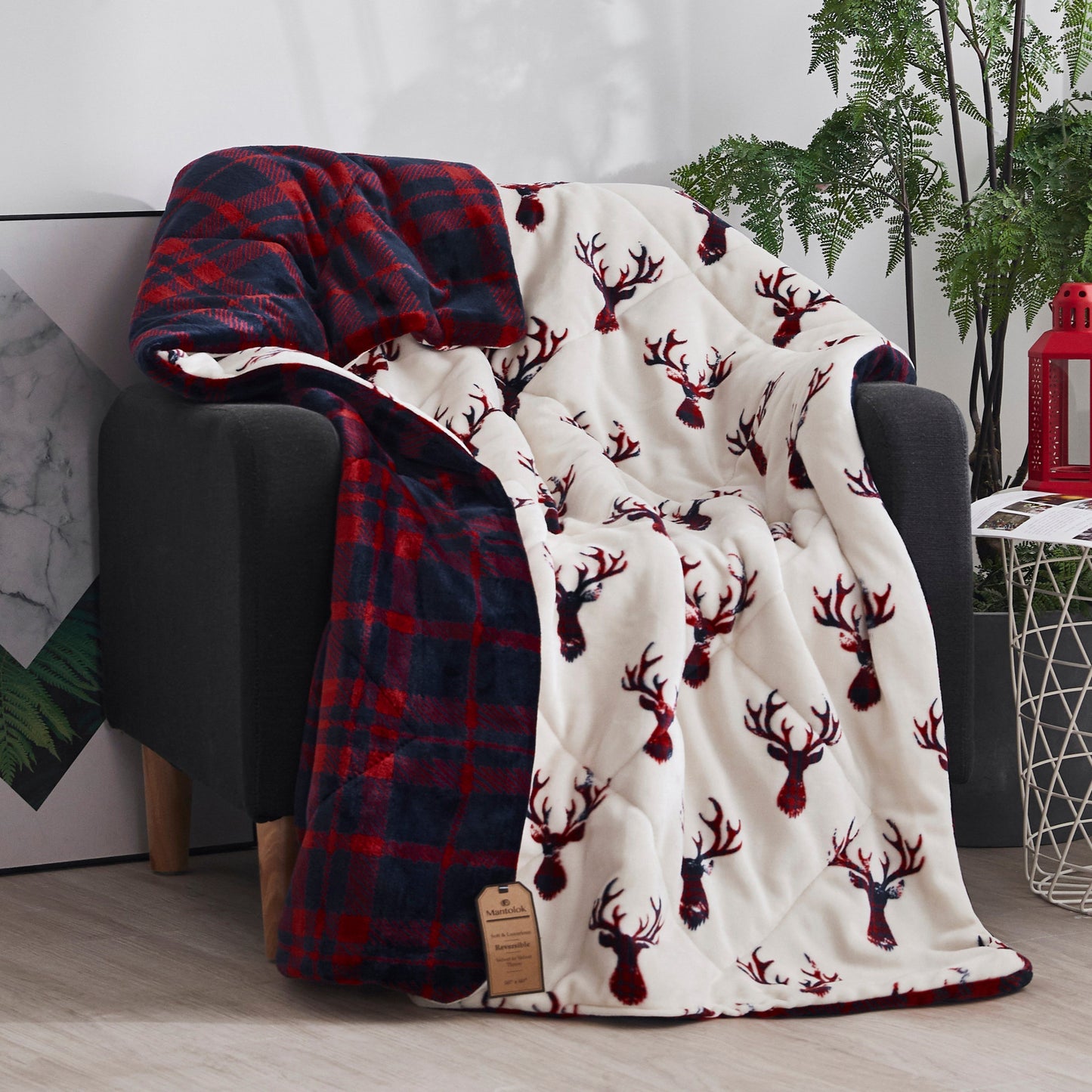 Deer Head Red Navy Printed Velvet and Velvet Throw Blanket