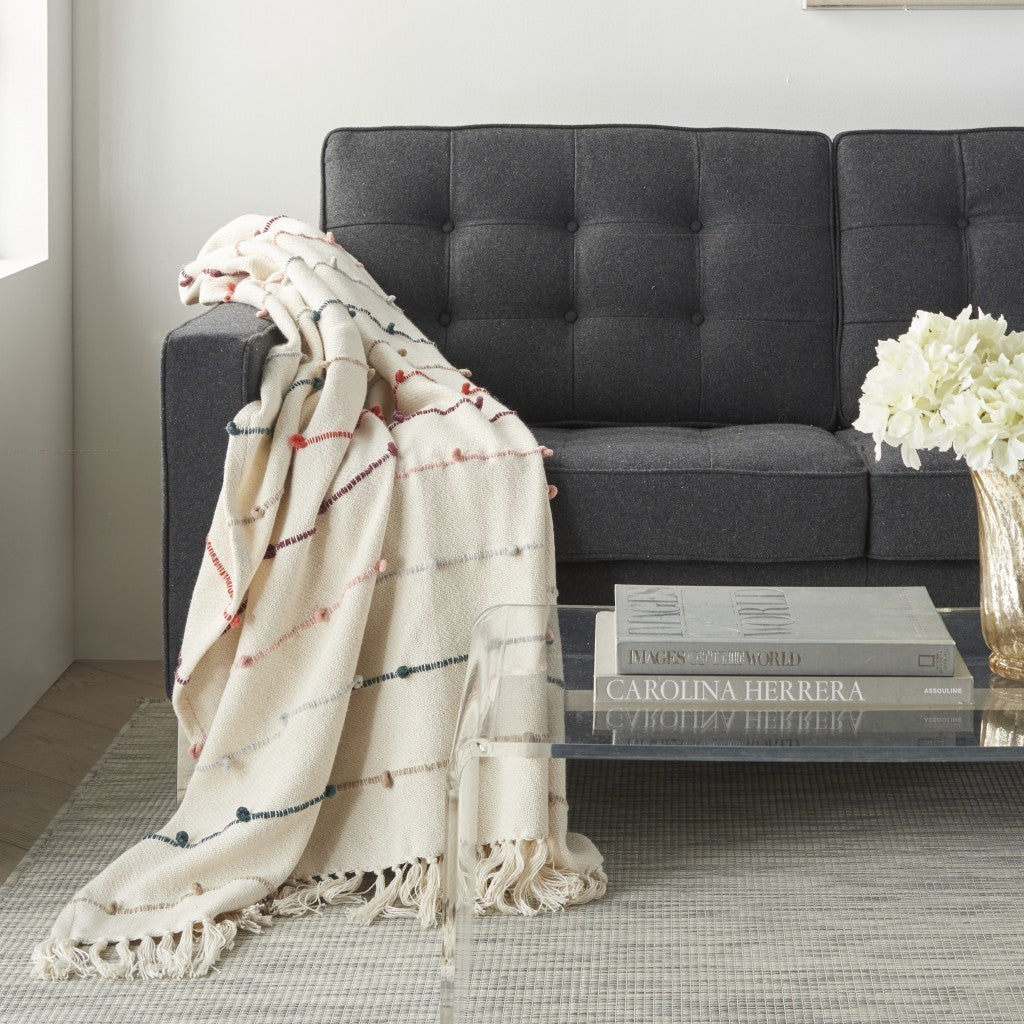 Gray And Ivory Woven Cotton Reversable Throw